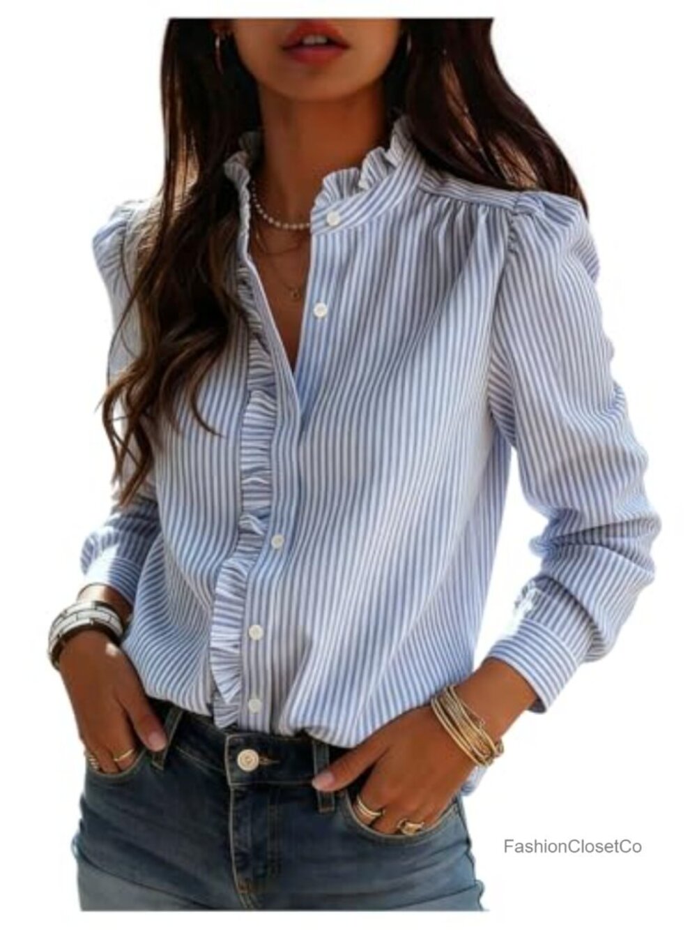 Striped Button Down Blouse Long Sleeve Ruffle Shirt Work Top